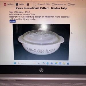 Vintage Pyrex Golden Tulip 024 2 Qt White Mixing Bowl with Lid Gold Tulips 1962